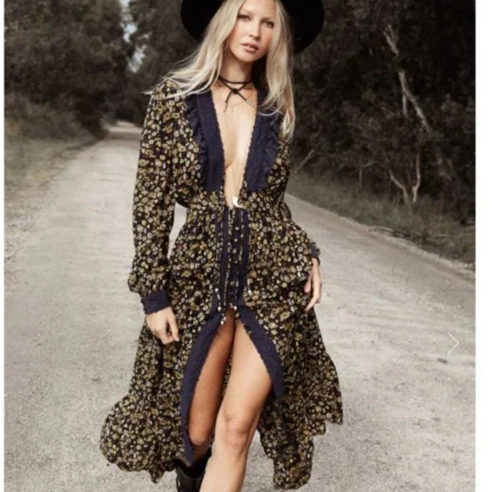 Chasing Unicorns Black Floral Maxi Dress with Navy Trim